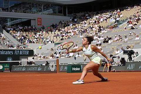 Jasmine Paolini plays a shot against Mirra Andreeva during French open semifinal match